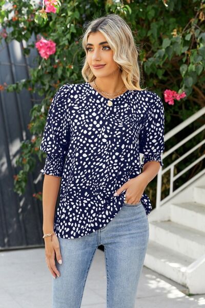 Polka Dot Round Neck Lantern Sleeve Blouse