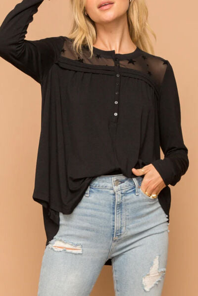 Half Button Long Sleeve Blouse