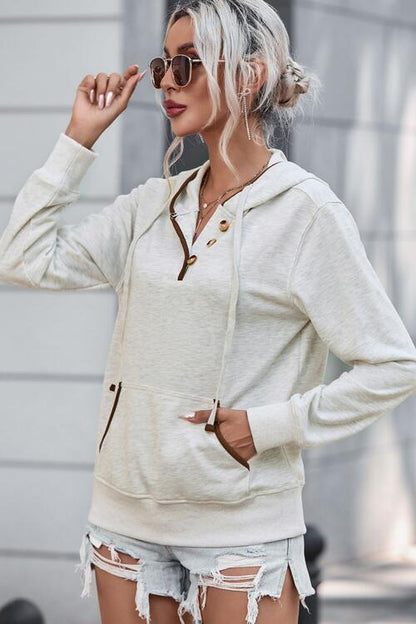 Half Button Drawstring Long Sleeve Hoodie