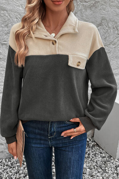 Color Block Quarter Button Dropped Shoulder Sweatshirt