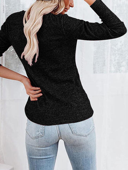 Round Neck Buttoned Long Sleeve T-Shirt