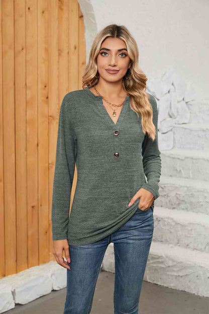 Notched Neck Long Sleeve T-Shirt