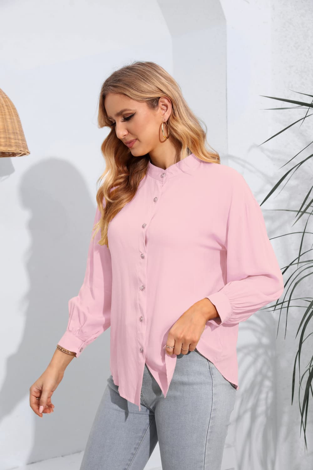 Mock Neck Buttoned Long Sleeve Shirt