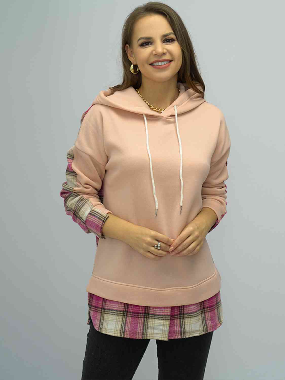 Plaid Drawstring Drop Shoulder Slit Hoodie