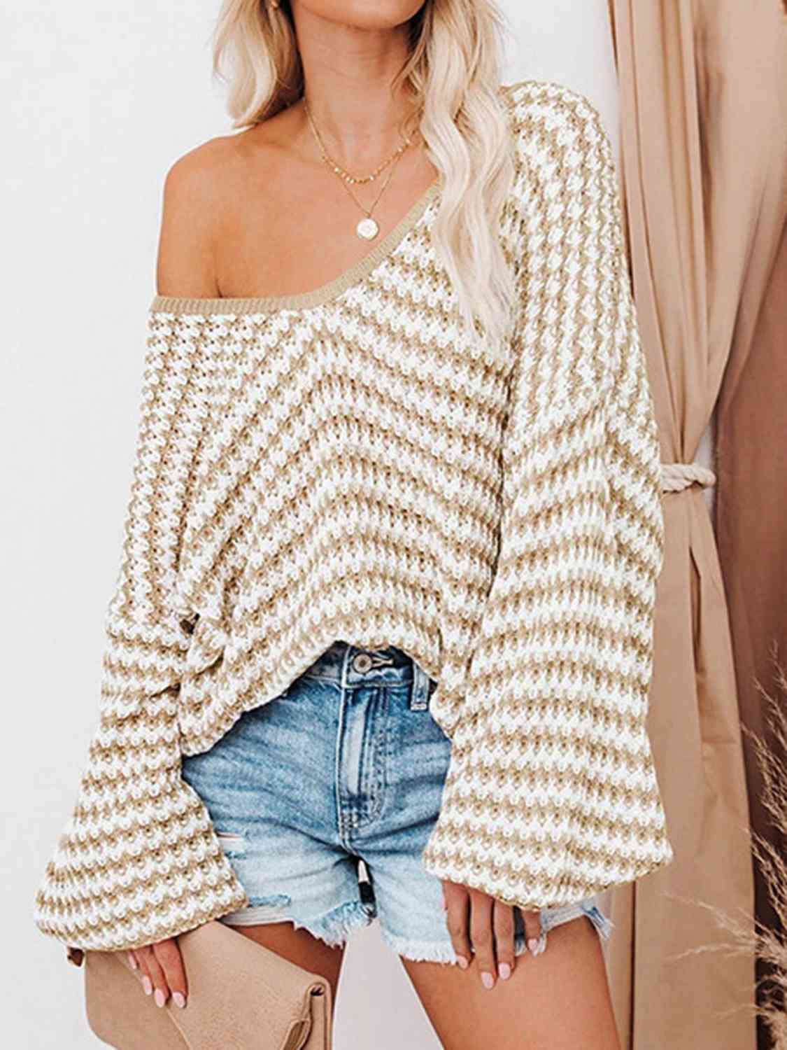 Striped Drop Shoulder V-Neck Pullover Sweater