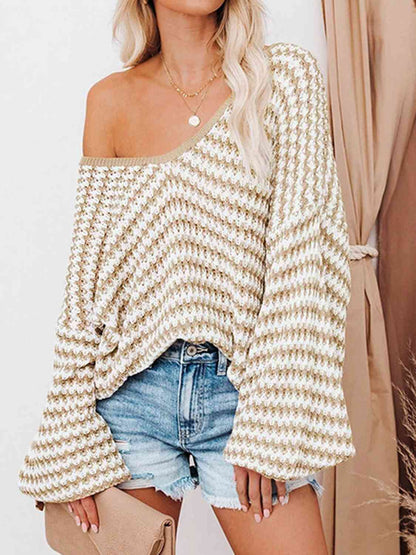 Striped Drop Shoulder V-Neck Pullover Sweater