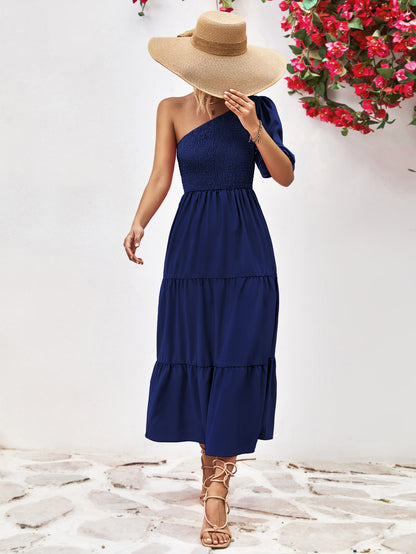 Smocked One-Shoulder Midi Dress