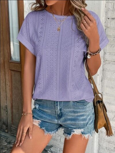 Eyelet Round Neck Short Sleeve T-Shirt